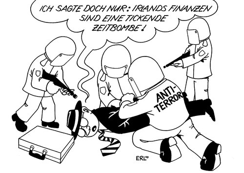 Cartoon: Irland Terrorangst (medium) by Erl tagged irland,finanzen,krise,haushalt,schulden,pleite,eu,hilfe,schutzschirm,terror,terrorangst,bedrohung,warnung,antiterrorkommando,polizei,nervosität,überlastung,bombe,zeitbombe,irland,griechenland,portugal,spanien,finanzkrise,wirtschaftskrise,wirtschaft,defizit,staatsdefizit,euro,europa,bankrott,pleite,iwf,währung