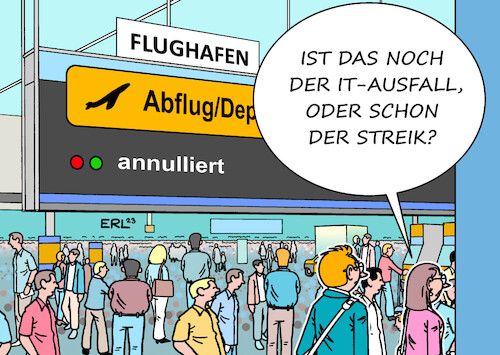 Cartoon: IT-Ausfall (medium) by Erl tagged politik,lufthansa,ausfall,it,system,flug,flüge,annulliert,flughafen,streik,öffentlicher,dienst,verdi,karikatur,erl,politik,lufthansa,ausfall,it,system,flug,flüge,annulliert,flughafen,streik,öffentlicher,dienst,verdi,karikatur,erl