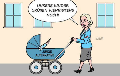 Cartoon: Junge Alternative (medium) by Erl tagged politik,partei,afd,jugend,organisation,junge,alternative,verfassungsschutz,brandenburg,einstufung,rechtsextrem,rechtsextremismus,kind,kinder,kinderwagen,hitlergruß,grüßen,alice,weidel,karikatur,erl,politik,partei,afd,jugend,organisation,junge,alternative,verfassungsschutz,brandenburg,einstufung,rechtsextrem,rechtsextremismus,kind,kinder,kinderwagen,hitlergruß,grüßen,alice,weidel,karikatur,erl