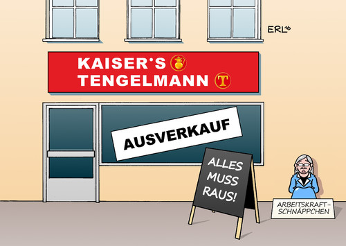 Cartoon: Kaisers Tengelmann (medium) by Erl tagged erl,karikatur,arbeitslos,arbeitskraft,arbeitnehmer,leidtragende,ausverkauf,konkurrenzkampf,rewe,klage,gabriel,sigmar,wirtschaftsminister,ministererlaubnis,kartellamt,edeka,übernahme,scheitern,verkauf,filialen,kette,supermarkt,tengelmann,kaisers,kaisers,tengelmann,supermarkt,kette,verkauf,scheitern,übernahme,edeka,kartellamt,ministererlaubnis,wirtschaftsminister,sigmar,gabriel,klage,rewe,konkurrenzkampf,ausverkauf,leidtragende,arbeitnehmer,arbeitskraft,arbeitslos,wirtschaft,geld,finanzen,handel,karikatur,erl