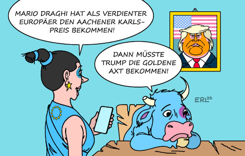 Cartoon: Karlspreis (medium) by Erl tagged politik,eu,aachen,karlspreis,verdienste,europa,mario,draghi,rettung,euro,trump,spaltung,zerstörung,axt,stier,karikatur,erl,politik,eu,aachen,karlspreis,verdienste,europa,mario,draghi,rettung,euro,trump,spaltung,zerstörung,axt,stier,karikatur,erl