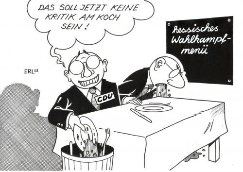 Cartoon: Keine Kritik (medium) by Erl tagged cdu,koch,hessen,wahlkampf,menü,essen,kotzen,übergeben,brechen,kritik,roland,koch,ministerpräsident,entsorgen,mahlzeit,nahrung,roland koch