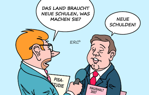 Cartoon: Kennzeichen D (medium) by Erl tagged politik,bildung,schulen,pisa,verschlechterung,rechnen,lesen,finanzen,haushalt,2027,schulden,klingbeil,karikatur,erl,politik,bildung,schulen,pisa,verschlechterung,rechnen,lesen,finanzen,haushalt,2027,schulden,klingbeil,karikatur,erl