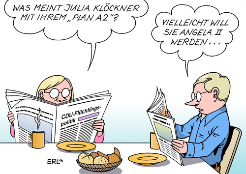 Cartoon: Klöckner Plan A2 (medium) by Erl tagged flüchtlinge,cdu,flüchtlingspolitik,bundeskanzlerin,angela,merkel,plan,partei,vize,julia,klöckner,a2,kontingent,abweisung,reduzierung,ambitionen,karikatur,erl,flüchtlinge,cdu,flüchtlingspolitik,bundeskanzlerin,angela,merkel,plan,partei,vize,julia,klöckner,a2,kontingent,abweisung,reduzierung,ambitionen,karikatur,erl