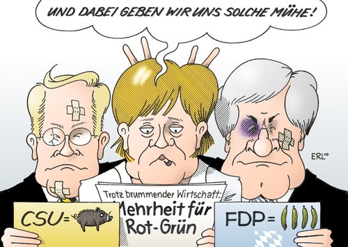 Cartoon: Koalition (medium) by Erl tagged koalition,regierung,cdu,csu,fdp,schwarz,gelb,umfrage,tief,opposition,rot,grün,spd,die,grünen,hoch,wirtschaft,aufschwung,merkel,westerwelle,seehofer,streit,wildsau,gurkentruppe,erscheinungsbild,koalition,regierung,cdu,csu,fdp,schwarz,gelb,umfrage,tief,opposition,rot,spd,grünen,hoch,wirtschaft