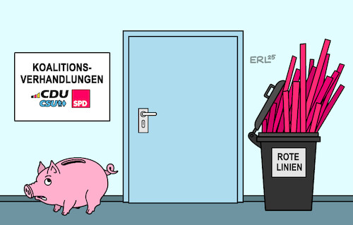 Cartoon: Koalitionsverhandlungen (medium) by Erl tagged politik,koalitionsverhandlungen,cdu,csu,spd,schulden,migration,rote,linien,tonne,sparschwein,karikatur,erl,politik,koalitionsverhandlungen,cdu,csu,spd,schulden,migration,rote,linien,tonne,sparschwein,karikatur,erl