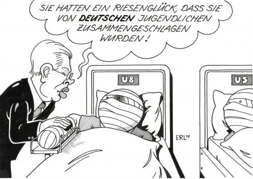 Cartoon: Koch (medium) by Erl tagged wahlkampf,wahlkampf,roland,koch,u8,u5,ubahn,bahn,opfer,ministerpräsident,krankenhaus,deutsche,jugendliche,gewalt,jugend,ausländer,migration,migrationshintergrund,fremde,fremder,fremdenfeindlichkeit,roland koch,deutsche bahn