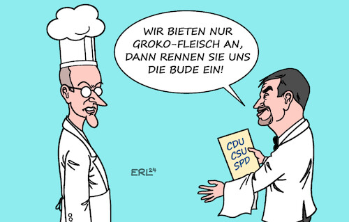 Cartoon: Koch und Kellner (medium) by Erl tagged politik,ampel,aus,neuwahlen,cdu,csu,söder,koalition,spd,groko,speisekarte,kellner,koch,merz,karikatur,erl,politik,ampel,aus,neuwahlen,cdu,csu,söder,koalition,spd,groko,speisekarte,kellner,koch,merz,karikatur,erl