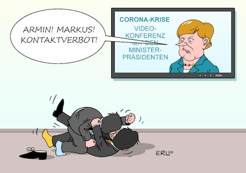 Cartoon: Kompetenzgerangel (medium) by Erl tagged politik,corona,virus,krise,coronavirus,coronakrise,deutschland,sozialkontakte,vermeidung,ausgangsbeschränkung,absage,veranstaltungen,sport,restaurants,bundeskanzlerin,angela,merkel,videokonferenz,ministerpräsidenten,streit,armin,laschet,nrw,markus,söder,bayern,kontaktverbot,karikatur,erl,politik,corona,virus,krise,coronavirus,coronakrise,deutschland,sozialkontakte,vermeidung,ausgangsbeschränkung,absage,veranstaltungen,sport,restaurants,bundeskanzlerin,angela,merkel,videokonferenz,ministerpräsidenten,streit,armin,laschet,nrw,markus,söder,bayern,kontaktverbot,karikatur,erl