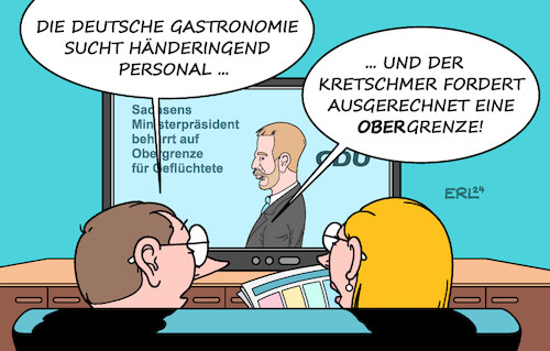 Cartoon: Kretschmer (medium) by Erl tagged politik,migration,zuwanderung,asyl,geflüchtete,forderung,obergrenze,kretschmer,fachkräftemangel,gastronomie,karikatur,erl,politik,migration,zuwanderung,asyl,geflüchtete,forderung,obergrenze,kretschmer,fachkräftemangel,gastronomie,karikatur,erl