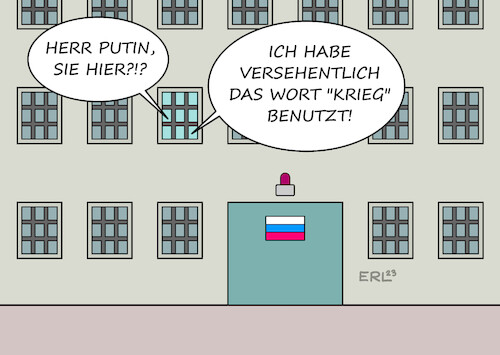 Cartoon: Krieg (medium) by Erl tagged politik,angiff,überfall,russland,ukraine,mai,ende,zweiter,weltkrieg,sowjetunion,militär,parade,roter,platz,moskau,wladimir,putin,täter,opfer,umkehr,westen,krieg,wort,verbot,strafe,spezialoperation,gefängnis,karikatur,erl,politik,angiff,überfall,russland,ukraine,mai,ende,zweiter,weltkrieg,sowjetunion,militär,parade,roter,platz,moskau,wladimir,putin,täter,opfer,umkehr,westen,krieg,wort,verbot,strafe,spezialoperation,gefängnis,karikatur,erl