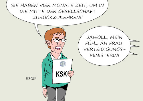 Cartoon: KSK (medium) by Erl tagged politik,bundeswehr,ksk,kommando,spezialkräfte,rechtsextremismus,verteidigungsministerin,annegret,kramp,karrenbauer,ultimatum,erneuerung,karikatur,erl,politik,bundeswehr,ksk,kommando,spezialkräfte,rechtsextremismus,verteidigungsministerin,annegret,kramp,karrenbauer,ultimatum,erneuerung,karikatur,erl