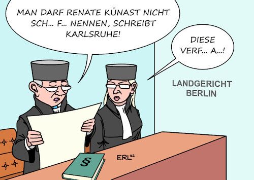 Cartoon: Künast (medium) by Erl tagged politik,justiz,recht,urteil,landgericht,berlin,politikerin,renate,künast,grüne,hasskommentare,beschimpfungen,beleidigungen,facebook,akzeptieren,widerspruch,karlsruhe,bundesverfassungsgericht,verhandlung,neu,richter,richterin,gericht,karikatur,erl,politik,justiz,recht,urteil,landgericht,berlin,politikerin,renate,künast,grüne,hasskommentare,beschimpfungen,beleidigungen,facebook,akzeptieren,widerspruch,karlsruhe,bundesverfassungsgericht,verhandlung,neu,richter,richterin,gericht,karikatur,erl