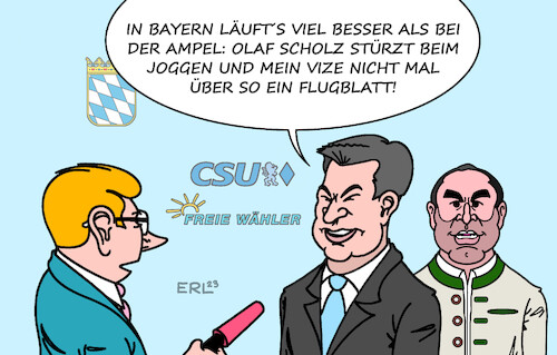 Cartoon: Läuft in Bayern (medium) by Erl tagged politik,bayern,freie,wähler,vorsitzender,hubert,aiwanger,vorwurf,schüler,flugblatt,hetzschrift,antisemitismus,behauptung,verfasser,bruder,rechtsextremismus,rechtspopulismus,landtagswahl,regierung,csu,ministerpräsident,markus,söder,freispruch,läuft,laufen,joggen,sturz,bundeskanzler,olaf,scholz,karikatur,erl,politik,bayern,freie,wähler,vorsitzender,hubert,aiwanger,vorwurf,schüler,flugblatt,hetzschrift,antisemitismus,behauptung,verfasser,bruder,rechtsextremismus,rechtspopulismus,landtagswahl,regierung,csu,ministerpräsident,markus,söder,freispruch,läuft,laufen,joggen,sturz,bundeskanzler,olaf,scholz,karikatur,erl