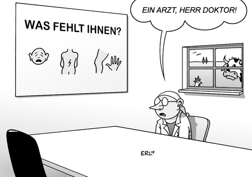 Cartoon: Landarzt (medium) by Erl tagged arzt,land,landarzt,mangel,politik,anreiz,ballungsraum,überfluss,patient,fehlen,kuh,huhn