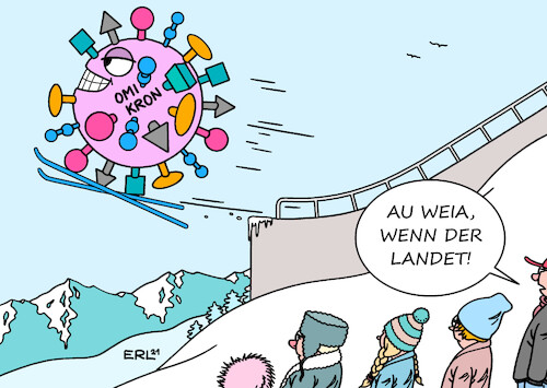 Cartoon: Landung (medium) by Erl tagged politik,corona,virus,pandemie,covid19,fünfte,welle,omikron,winter,wintersport,skispringen,vierschanzentournee,karikatur,erl,politik,corona,virus,pandemie,covid19,fünfte,welle,omikron,winter,wintersport,skispringen,vierschanzentournee,karikatur,erl