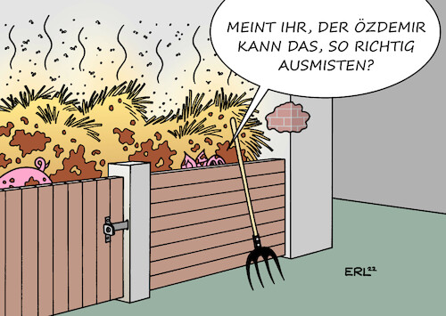 Cartoon: Landwirtschaft (medium) by Erl tagged politik,landwirtschaftsminister,cem,özdemir,grüne,umbau,landwirtschaft,ökologie,ökonomie,umweltschutz,klimaschutz,klima,tierwohl,schweinestall,saustall,ausmisten,karikatur,politik,landwirtschaftsminister,cem,özdemir,grüne,umbau,landwirtschaft,ökologie,ökonomie,umweltschutz,klimaschutz,klima,tierwohl,schweinestall,saustall,ausmisten,karikatur