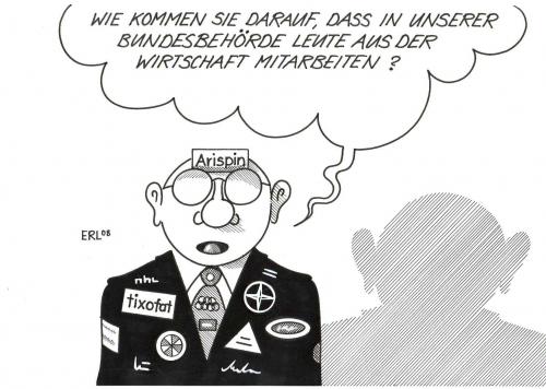 Cartoon: Lobbyisten (medium) by Erl tagged bund,mitarbeiter,wirtschaft,,mitarbeiter,wirtschaft,lobbyisten,politiker,werbung,unterstüzung,bezahlung,lügner,bundesbehörde,aspirin,tixofat,adui,mercedes