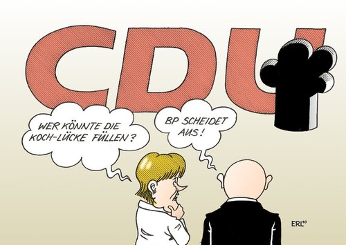 Cartoon: Lücke (medium) by Erl tagged koch,roland,rücktritt,rückzug,cdu,lücke,rechts,füllen,schließen,bp,ölpest,bohrloch,ausscheiden,merkel,roland koch,rücktritt,rückzug,cdu,lücke,rechts,füllen,schließen,bp,ölpest,bohrloch,ausscheiden,angela merkel,roland,koch,angela,merkel