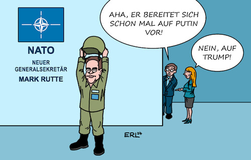 Cartoon: Mark Rutte (medium) by Erl tagged politik,nato,bündnis,verteidigung,generalsekretär,neu,designiert,mark,rutte,niederlande,vorbereitung,konflikt,donald,trump,wiederwahl,usa,präsident,krieg,angriff,überfall,wladimir,putin,russland,ukraine,karikatur,erl,politik,nato,bündnis,verteidigung,generalsekretär,neu,designiert,mark,rutte,niederlande,vorbereitung,konflikt,donald,trump,wiederwahl,usa,präsident,krieg,angriff,überfall,wladimir,putin,russland,ukraine,karikatur,erl