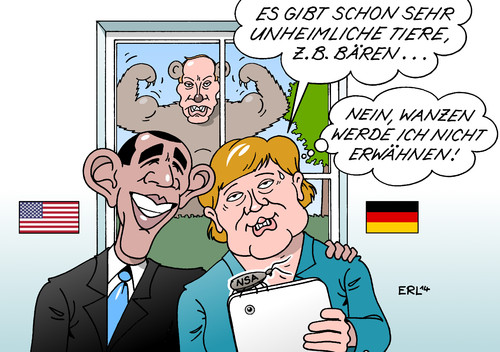 Cartoon: Merkel besucht Obama (medium) by Erl tagged usa,geheimdienst,nsa,überwachung,abhöraffäre,smartphone,bundeskanzlerin,angela,merkel,besuch,präsident,barack,obama,freundschaft,ukraine,krise,russland,bär,putin,thema,wichtig,wanze,tiere,usa,geheimdienst,nsa,überwachung,abhöraffäre,smartphone,bundeskanzlerin,angela,merkel,besuch,präsident,barack,obama,freundschaft,ukraine,krise,russland,bär,putin,thema,wichtig,wanze,tiere