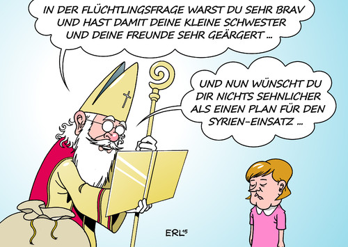 Cartoon: Merkel Nikolaus (medium) by Erl tagged bundeskanzlerin,angela,merkel,nikolaus,goldenes,buch,flüchtlinge,brav,ärger,schwester,freunde,cdu,csu,syrien,militär,einsatz,plan,wunsch,strategie,kind,karikatur,erl,bundeskanzlerin,angela,merkel,nikolaus,goldenes,buch,flüchtlinge,brav,ärger,schwester,freunde,cdu,csu,syrien,militär,einsatz,plan,wunsch,strategie,kind,karikatur,erl