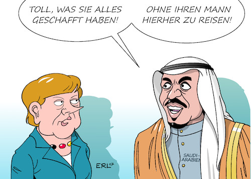 Cartoon: Merkel Saudi-Arabien (medium) by Erl tagged bundeskanzlerin,angela,merkel,besuch,saudi,arabien,militär,krieg,bürgerkrieg,jemen,menschenrechte,scharia,frauenrechte,gleichberechtigung,mann,frau,verbot,auto,autofahren,prinz,scheich,karikatur,erl,bundeskanzlerin,angela,merkel,besuch,saudi,arabien,militär,krieg,bürgerkrieg,jemen,menschenrechte,scharia,frauenrechte,gleichberechtigung,mann,frau,verbot,auto,autofahren,prinz,scheich,karikatur,erl