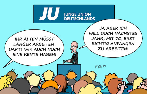 Cartoon: Merz bei der JU (medium) by Erl tagged politik,cdu,ju,junge,union,rente,arbeitszeit,renteneintritt,merz,kanzlerkandidat,kanzler,70,jahre,arbeit,karikatur,erl,politik,cdu,ju,junge,union,rente,arbeitszeit,renteneintritt,merz,kanzlerkandidat,kanzler,70,jahre,arbeit,karikatur,erl