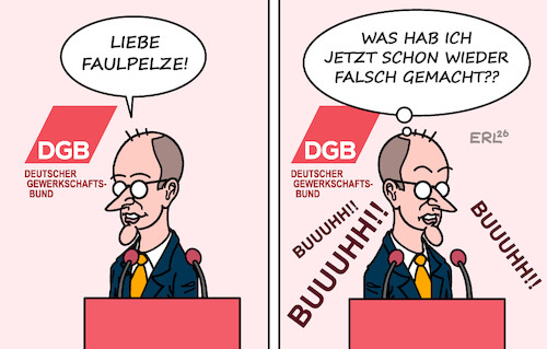 Cartoon: Merz beim DGB (medium) by Erl tagged politik,bundeskanzler,merz,kritik,arbeitnehmer,arbeitsmoral,rede,dgb,deutscher,gewerkschaftsbund,buhrufe,pfiffe,karikatur,erl,politik,bundeskanzler,merz,kritik,arbeitnehmer,arbeitsmoral,rede,dgb,deutscher,gewerkschaftsbund,buhrufe,pfiffe,karikatur,erl