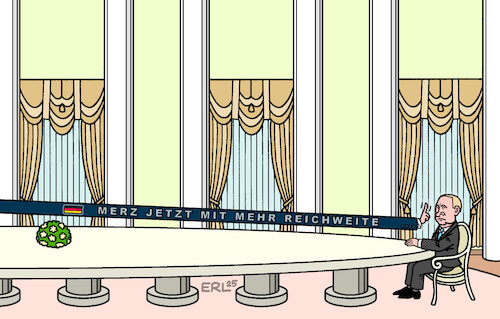 Cartoon: Merz Waffenwende (medium) by Erl tagged politik,krieg,überfall,russland,ukraine,verteidigung,waffen,reichweite,merz,waffenwende,arm,putin,tisch,karikatur,erl,politik,krieg,überfall,russland,ukraine,verteidigung,waffen,reichweite,merz,waffenwende,arm,putin,tisch,karikatur,erl