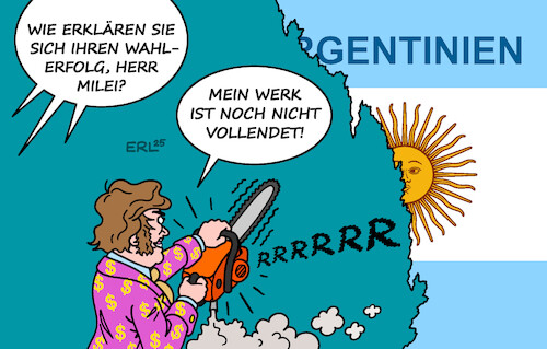 Cartoon: Milei (medium) by Erl tagged politik,argentinien,zwischenwahl,kongress,erfolg,partei,präsident,milei,kettensäge,turbokapitalismus,karikatur,erl,politik,argentinien,zwischenwahl,kongress,erfolg,partei,präsident,milei,kettensäge,turbokapitalismus,karikatur,erl