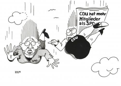 Cartoon: Mitgliederschwund (medium) by Erl tagged spd,cdu,mitglied,parteimitglied,mitglieder,parteimitglieder,schwund,mitgliederschwund,spd,cdu,mitglied,parteimitglied,schwund,mitgliederschwund,weggang,treue,desinteresse,volumen,abnahme,verschwinden,austreten,wechseln,überlaufen,konvertieren,ausbluten,neumitglied,aufnahme,vital,jungmitglied,senior,organisation,ortsverein,halbierung,veränderung,arbeiteranteil,frauenanteil,kurt beck,angela merkel,große koalition,kurt,beck,angela,merkel,große,koalition