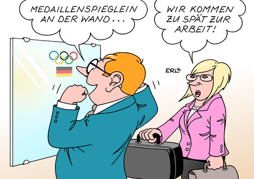 Cartoon: Montagmorgen in Deutschland (medium) by Erl tagged olympia,olympische,spiele,rio,de,janeiro,2016,medaillenspiegel,deutschland,gold,silber,bronze,stärke,selbstvertrauen,selbstwertgefühl,sport,alltag,arbeit,mann,frau,karikatur,erl,olympia,olympische,spiele,rio,de,janeiro,2016,medaillenspiegel,deutschland,gold,silber,bronze,stärke,selbstvertrauen,selbstwertgefühl,sport,alltag,arbeit,mann,frau,karikatur,erl