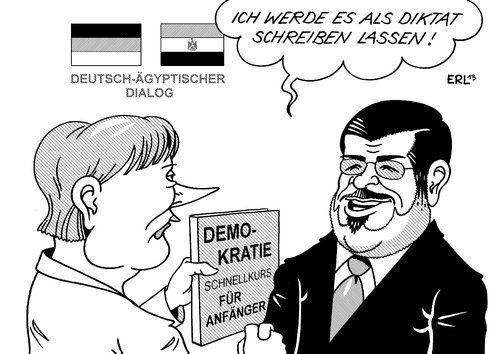 Cartoon: Mursi in Berlin (medium) by Erl tagged ägypten,revolution,diktatur,präsident,mursi,demokratie,defizit,besuch,berlin,deutschland,bundeskanzlerin,merkel,mahnung