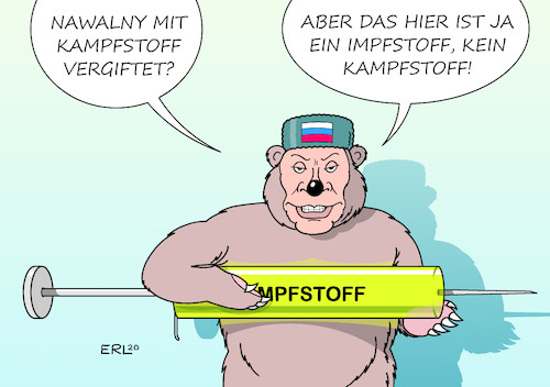 Cartoon: Nawalny (medium) by Erl tagged politik,russland,präsident,wladimir,putin,kreml,kritiker,gegner,ermordung,vergiftung,alexej,nawalny,behandlung,charite,berlin,diagnose,kampfstoff,nervengift,corona,virus,pandemie,impfstoff,bär,karikatur,erl,politik,russland,präsident,wladimir,putin,kreml,kritiker,gegner,ermordung,vergiftung,alexej,nawalny,behandlung,charite,berlin,diagnose,kampfstoff,nervengift,corona,virus,pandemie,impfstoff,bär,karikatur,erl