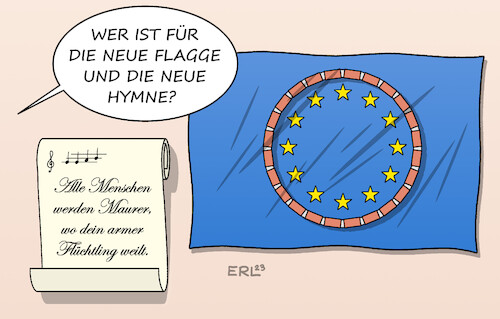 Cartoon: Neue Flagge und Hymne (medium) by Erl tagged politik,grundgesetz,grundrecht,asyl,lehre,drittes,reich,diskussion,deutschland,eu,verschärfung,aushebelung,abschaffung,abfertigung,außengrenze,festung,europa,mauer,maurer,flüchtling,flüchtlinge,geflüchtete,geflüchteter,hymne,flagge,neu,karikatur,erl,politik,grundgesetz,grundrecht,asyl,lehre,drittes,reich,diskussion,deutschland,eu,verschärfung,aushebelung,abschaffung,abfertigung,außengrenze,festung,europa,mauer,maurer,flüchtling,flüchtlinge,geflüchtete,geflüchteter,hymne,flagge,neu,karikatur,erl