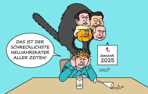 Cartoon: Neujahr mit Musk Xi Putin Trump (medium) by Erl tagged politik,neujahr,2025,kater,xi,trump,putin,musk,karikatur,erl,politik,neujahr,2025,kater,xi,trump,putin,musk,karikatur,erl