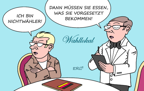 Cartoon: Nichtwähler (medium) by Erl tagged politik,wahl,bundestagswahl,wahllokal,nichtwähler,speisekarte,ober,essen,karikatur,erl,politik,wahl,bundestagswahl,wahllokal,nichtwähler,speisekarte,ober,essen,karikatur,erl