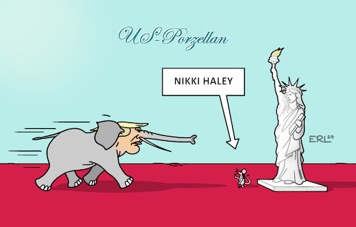 Cartoon: Nikki Haley (medium) by Erl tagged politik,usa,republikaner,trumpisten,vorwahlen,präsidentschaft,kandidatur,niederlage,nikki,haley,sieg,donald,trump,zerstörung,demokratie,elefant,porzellanladen,stopp,maus,freiheitsstatue,porzellan,karikatur,erl,politik,usa,republikaner,trumpisten,vorwahlen,präsidentschaft,kandidatur,niederlage,nikki,haley,sieg,donald,trump,zerstörung,demokratie,elefant,porzellanladen,stopp,maus,freiheitsstatue,porzellan,karikatur,erl