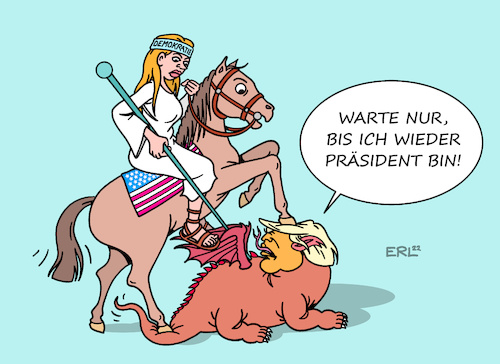 Cartoon: Noch ist er nicht besiegt (medium) by Erl tagged politik,usa,wahlen,kongress,repräsentantenhaus,senat,donald,trump,republikaner,hoffnung,rote,welle,rache,wahlniederlage,2020,kandidatur,praesident,2024,ergebnisse,enttäuschung,vorläufig,sieg,demokratie,pferd,lanze,drache,karikatur,erl,politik,usa,wahlen,kongress,repräsentantenhaus,senat,donald,trump,republikaner,hoffnung,rote,welle,rache,wahlniederlage,2020,kandidatur,praesident,2024,ergebnisse,enttäuschung,vorläufig,sieg,demokratie,pferd,lanze,drache,karikatur,erl