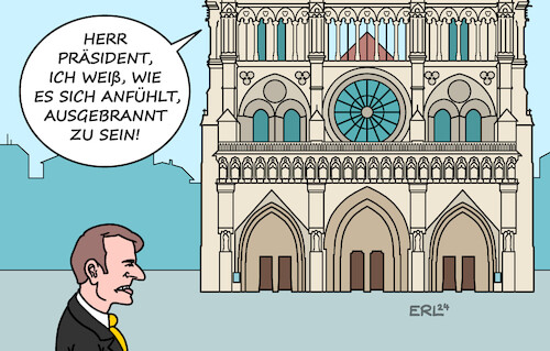 Cartoon: Notre Dame (medium) by Erl tagged politik,frankreich,regierung,krise,präsident,macron,notre,dame,kirche,brand,wiederereöffnung,burn,out,karikatur,erl,politik,frankreich,regierung,krise,präsident,macron,notre,dame,kirche,brand,wiederereöffnung,burn,out,karikatur,erl