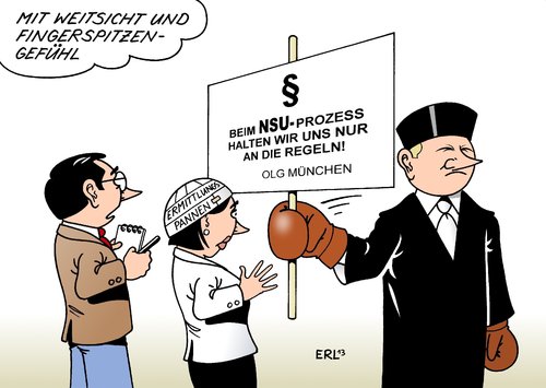 Cartoon: NSU-Prozess (medium) by Erl tagged nsu,rechtsextremismus,mord,mordserie,opfer,türkisch,griechisch,ermittlung,desaster,pannen,geheimdienst,verfassungsschutz,polizei,prozess,oberlandesgericht,münchen,vergabe,platz,medien,zuschauer,weitsicht,fingerspitzengefühl,richter,boxhandschuhe,nsu,rechtsextremismus,mord,mordserie,opfer,türkisch,griechisch,ermittlung,desaster,pannen,geheimdienst,verfassungsschutz,polizei,prozess,oberlandesgericht,münchen,vergabe,platz,medien,zuschauer,weitsicht,fingerspitzengefühl,richter,boxhandschuhe