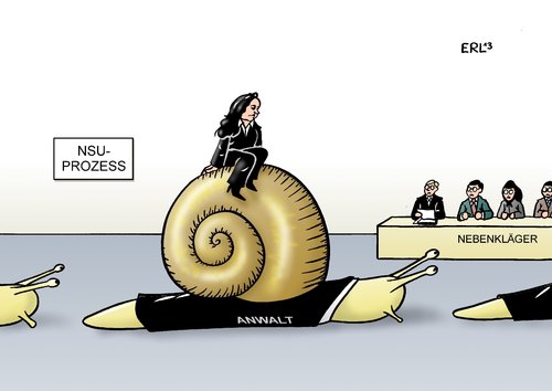 Cartoon: NSU-Prozess (medium) by Erl tagged nebenkläger,opfer,brüskierung,anträge,schnecke,anwälte,zschäpe,langsam,prozess,aufklärung,ermittlung,terror,fremdenfeindlichkeit,rechtsextremismus,serie,mord,nsu,nsu,mord,serie,rechtsextremismus,fremdenfeindlichkeit,terror,ermittlung,aufklärung,prozess,langsam,zschäpe,anwälte,schnecke,anträge,brüskierung,opfer,nebenkläger