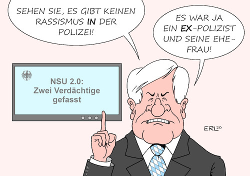 Cartoon: NSU 2.0 (medium) by Erl tagged politik,polizei,computer,daten,abruf,drohmails,sms,bedrohung,morddrohung,menschen,migrationshintergrund,anwältin,politikerin,politiker,linke,grüne,verhaftung,verdächtige,ex,polizist,ehefrau,innenminister,seehofer,verweigerung,studie,rassismus,racial,profiling,karikatur,erl,politik,polizei,computer,daten,abruf,drohmails,sms,bedrohung,morddrohung,menschen,migrationshintergrund,anwältin,politikerin,politiker,linke,grüne,verhaftung,verdächtige,ex,polizist,ehefrau,innenminister,seehofer,verweigerung,studie,rassismus,racial,profiling,karikatur,erl