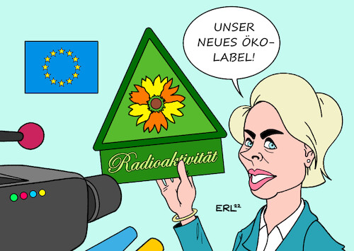 Cartoon: Ökolabel (medium) by Erl tagged politik,klima,klimawandel,erderwärmung,co2,eu,klimaneutralität,nachhaltigkeit,atomkraft,greenwashing,ökolabel,wiederbelebung,energie,knappheit,krieg,russland,ukraine,putin,erpressung,erdgas,radioaktivität,atommüll,endlager,entsorgung,ungelöst,ursula,von,der,leyen,karikatur,erl,politik,klima,klimawandel,erderwärmung,co2,eu,klimaneutralität,nachhaltigkeit,atomkraft,greenwashing,ökolabel,wiederbelebung,energie,knappheit,krieg,russland,ukraine,putin,erpressung,erdgas,radioaktivität,atommüll,endlager,entsorgung,ungelöst,ursula,von,der,leyen,karikatur,erl