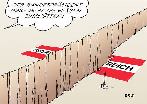 Cartoon: Österreich (medium) by Erl tagged österreich,wahl,bundespräsident,entscheidung,knapp,van,der,bellen,grüne,hofer,fpö,rechtspopulismus,spaltung,graben,gräben,zuschütten,schaufel,flagge,karikatur,erl,österreich,wahl,bundespräsident,entscheidung,knapp,van,der,bellen,grüne,hofer,fpö,rechtspopulismus,spaltung,graben,gräben,zuschütten,schaufel,flagge,karikatur,erl