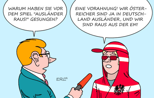 Cartoon: Österreich (medium) by Erl tagged politik,sport,fußball,europameisterschaft,em2024,deutschland,achtelfinale,türkei,österreich,fans,vor,spiel,gesang,ausländer,raus,rechsextremismus,niederlage,ausscheiden,karikatur,erl,politik,sport,fußball,europameisterschaft,em2024,deutschland,achtelfinale,türkei,österreich,fans,vor,spiel,gesang,ausländer,raus,rechsextremismus,niederlage,ausscheiden,karikatur,erl