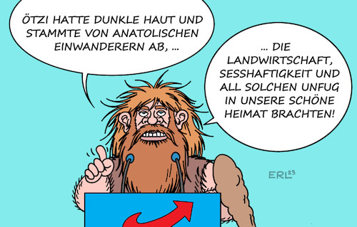 Cartoon: Ötzi (medium) by Erl tagged politik,geschichte,urgeschichte,frühgeschichte,gletscher,mumie,ötzi,untersuchung,gene,haut,dunkel,hautfarbe,abstammung,bauern,anatolien,einwanderung,europa,landwirtschaft,sesshaftigkeit,migration,thema,afd,fremdenfeindlichkeit,rechtsextremismus,steinzeit,karikatur,erl,politik,geschichte,urgeschichte,frühgeschichte,gletscher,mumie,ötzi,untersuchung,gene,haut,dunkel,hautfarbe,abstammung,bauern,anatolien,einwanderung,europa,landwirtschaft,sesshaftigkeit,migration,thema,afd,fremdenfeindlichkeit,rechtsextremismus,steinzeit,karikatur,erl