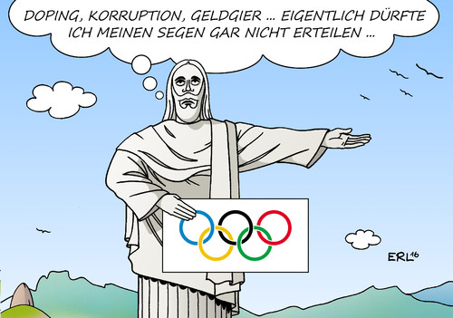 Cartoon: Olympia Rio (medium) by Erl tagged sport,politik,olympia,olympische,spiele,rio,de,janeiro,brasilien,2016,doping,korruption,geld,gier,geldgier,armut,corcovado,christus,segen,skepsis,erlöser,statue,zuckerhut,ringe,karikatur,erl,sport,politik,olympia,olympische,spiele,rio,de,janeiro,brasilien,2016,doping,korruption,geld,gier,geldgier,armut,corcovado,christus,segen,skepsis,erlöser,statue,zuckerhut,ringe,karikatur,erl