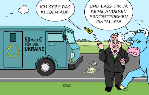 Cartoon: Orban (medium) by Erl tagged politik,krieg,angriff,überfall,russland,ukraine,eu,hilfe,geld,euro,blockade,ungarn,viktor,orban,erpressung,isolation,druck,aufgabe,klimakleber,kleben,straße,auto,geldtransporter,protestform,europa,stier,karikatur,erl,politik,krieg,angriff,überfall,russland,ukraine,eu,hilfe,geld,euro,blockade,ungarn,viktor,orban,erpressung,isolation,druck,aufgabe,klimakleber,kleben,straße,auto,geldtransporter,protestform,europa,stier,karikatur,erl